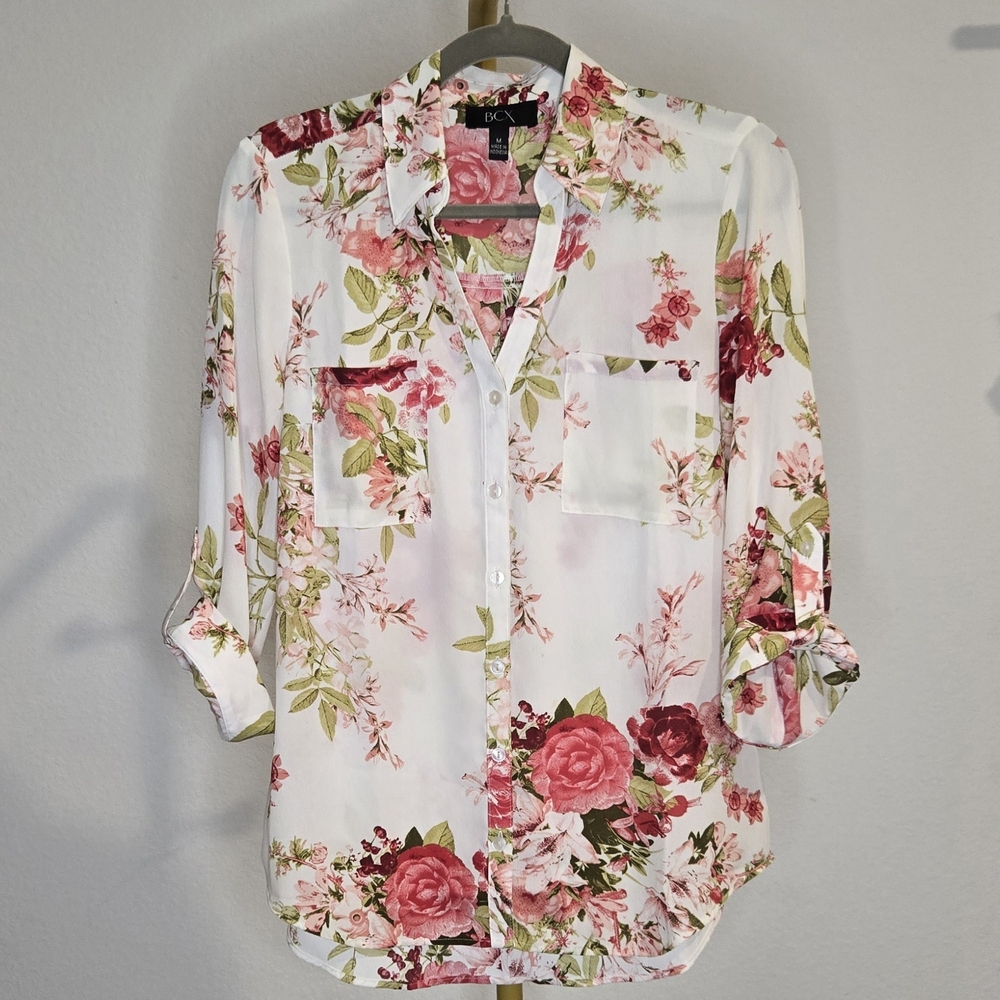 BCX Floral Button Down Shirt - White and Red